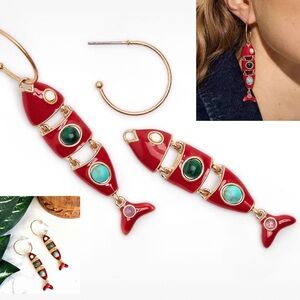 Red Fish Stone Earrings Gold Open Hoop Coastal Ocean Beach Mediterranean NEW